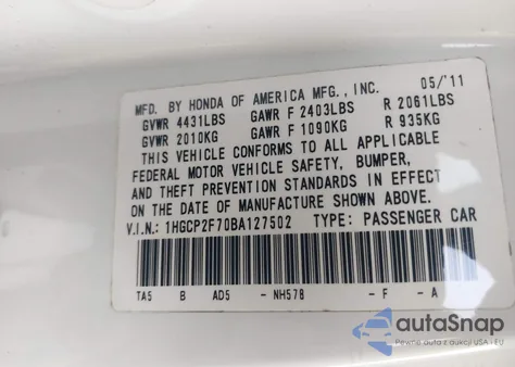 2011 Honda Accord 2.4 Ex из США, поврежденный, VIN 1HGCP2F70BA127502